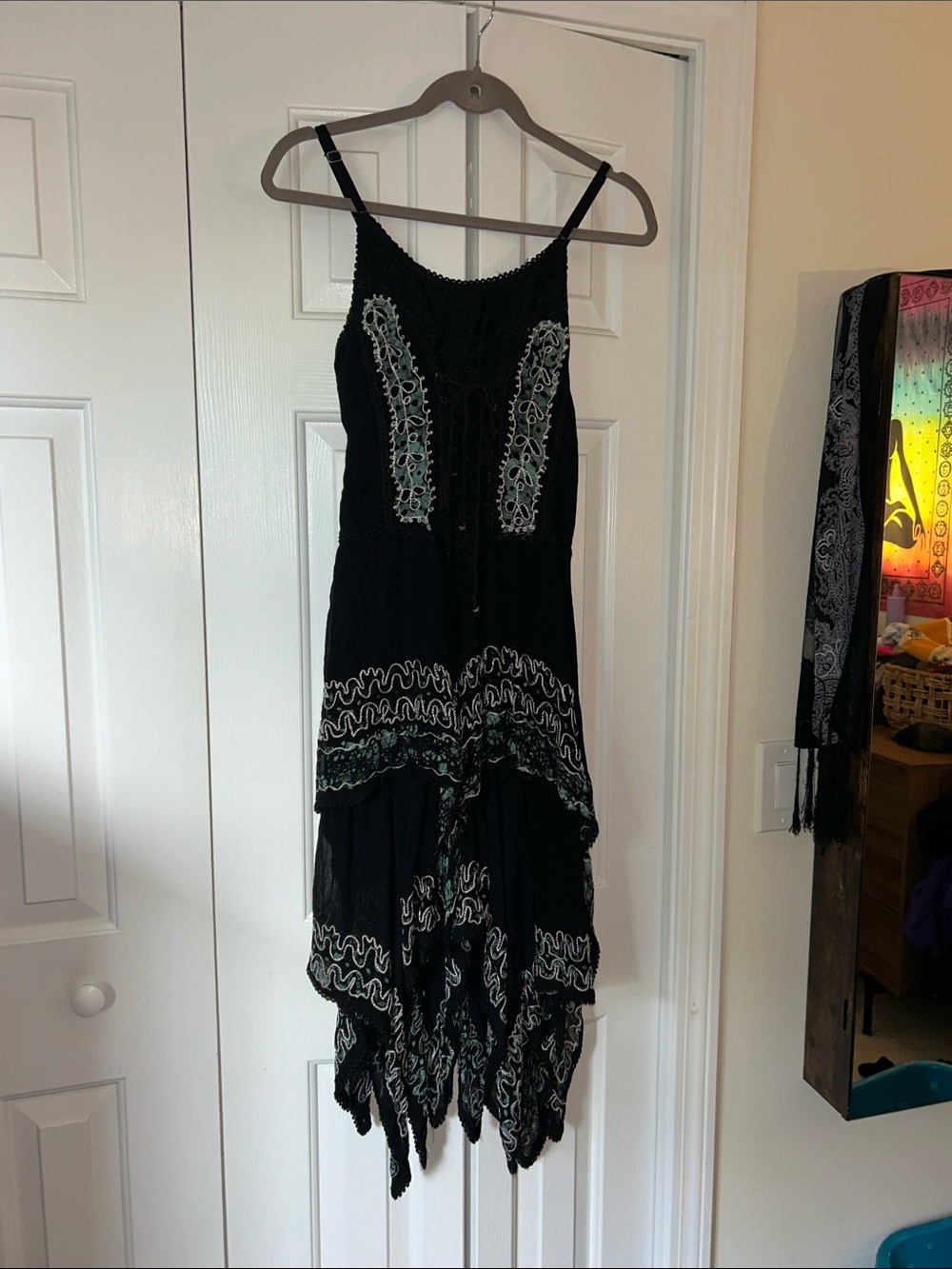 Black Embroidered Spaghetti-Strap Handkerchief Hem Dress